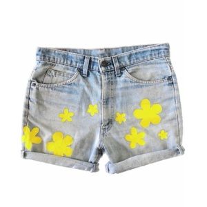 Levi’s Vintage Hand Painted Yellow Flowers Orange Tab Light Blue Jean Shorts